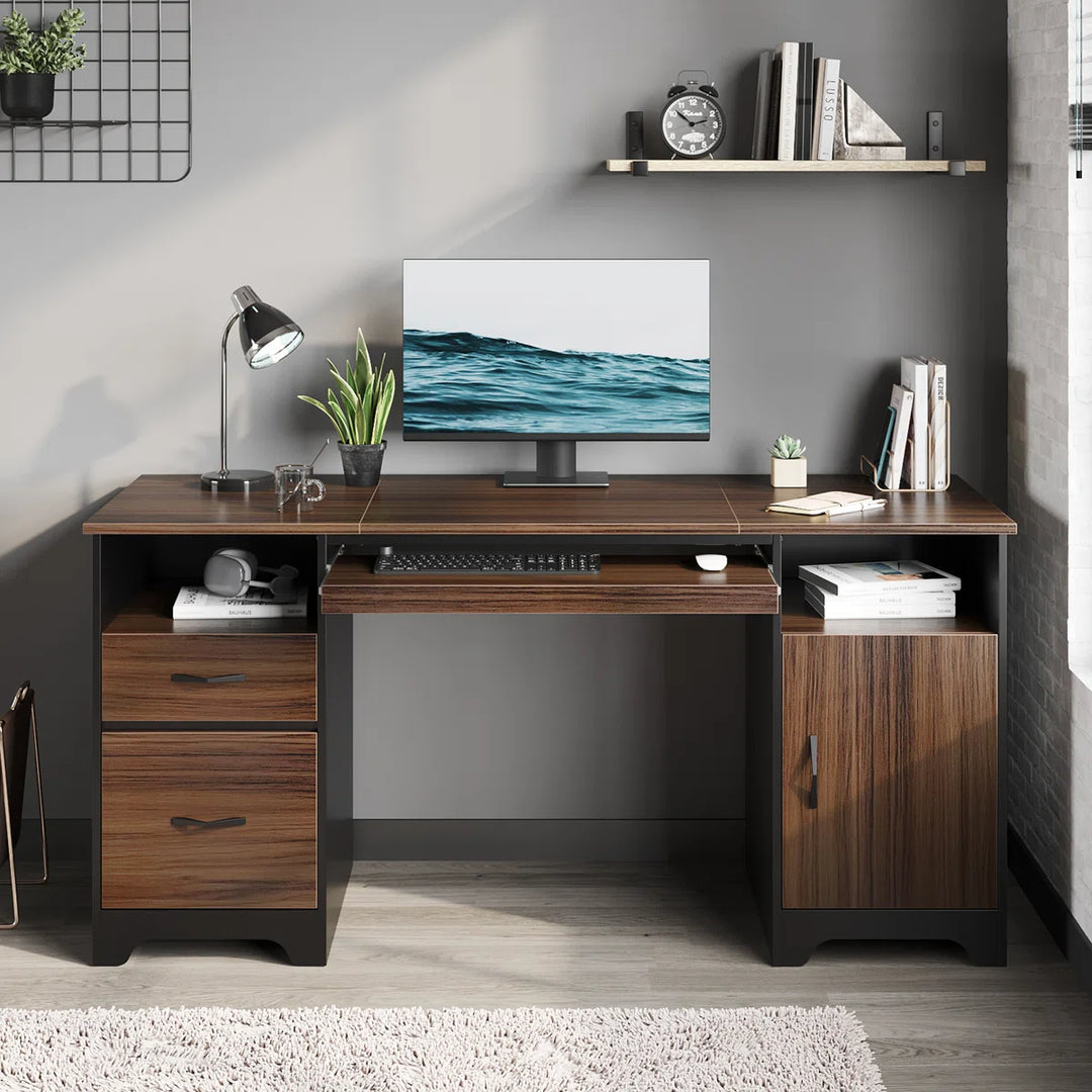 Daylie 59'' Executive Desk with File and Storage Drawers and Cabinet, Computer Writing Desk with Keyboard Tray and 2 Open Compartments for Home Office