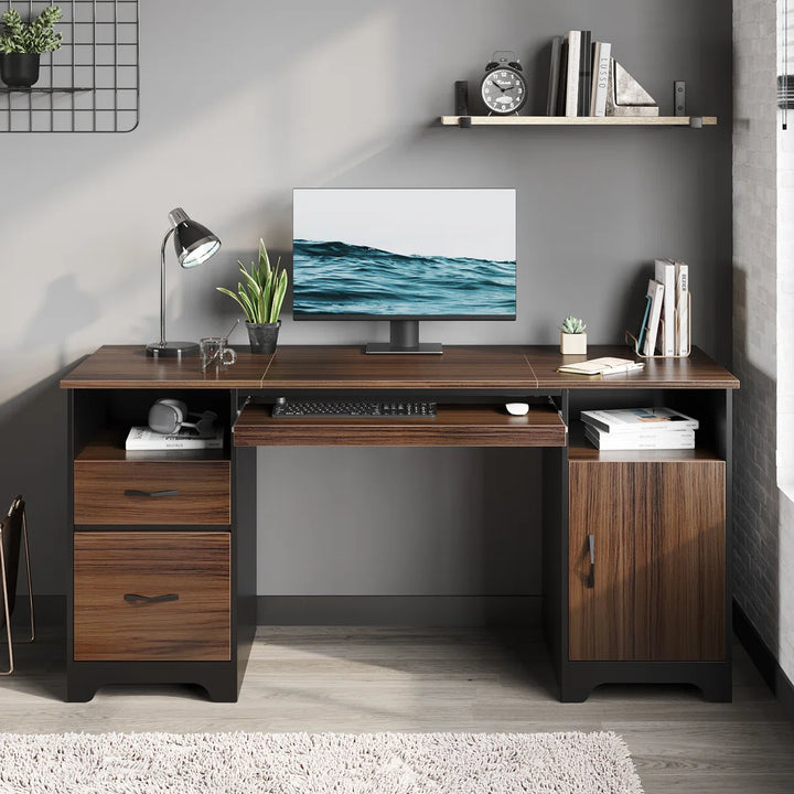Daylie 59'' Executive Desk with File and Storage Drawers and Cabinet, Computer Writing Desk with Keyboard Tray and 2 Open Compartments for Home Office