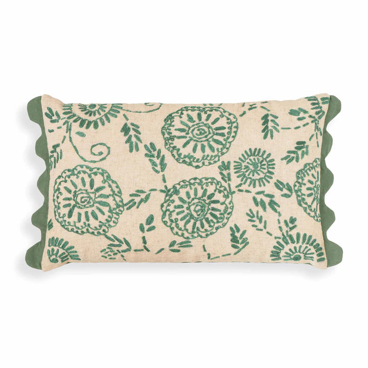 Motif Embroidered Aqua Cotton Pillow - 20" x 12"