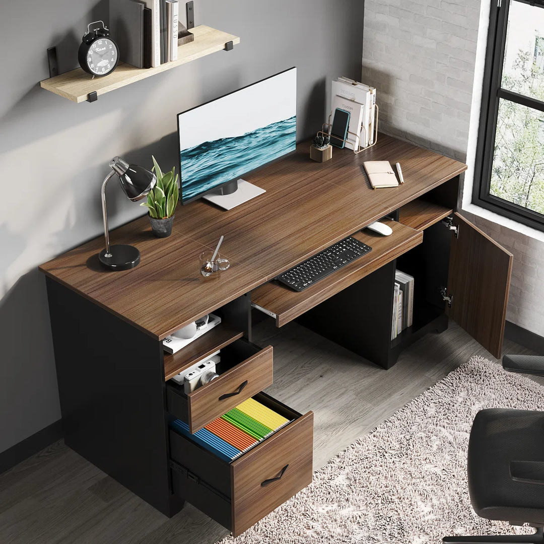 Daylie 59'' Executive Desk with File and Storage Drawers and Cabinet, Computer Writing Desk with Keyboard Tray and 2 Open Compartments for Home Office