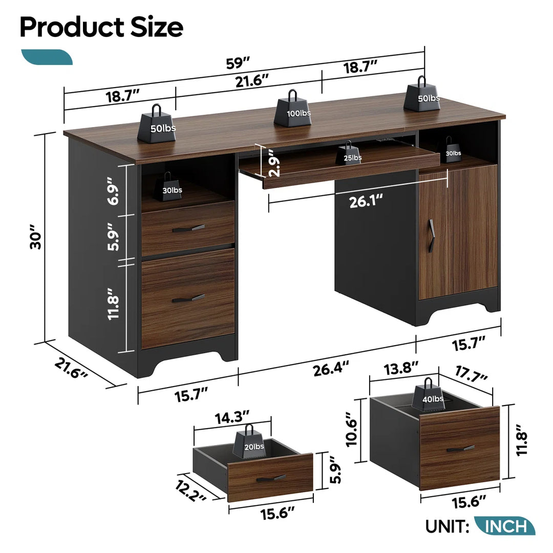 Daylie 59'' Executive Desk with File and Storage Drawers and Cabinet, Computer Writing Desk with Keyboard Tray and 2 Open Compartments for Home Office