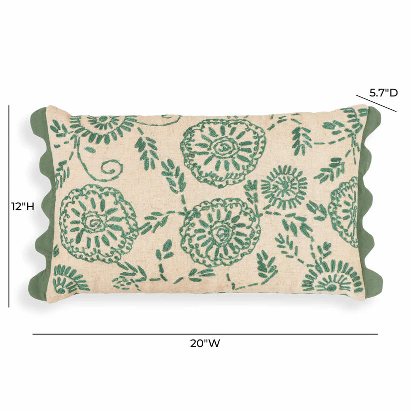 Motif Embroidered Aqua Cotton Pillow - 20" x 12"