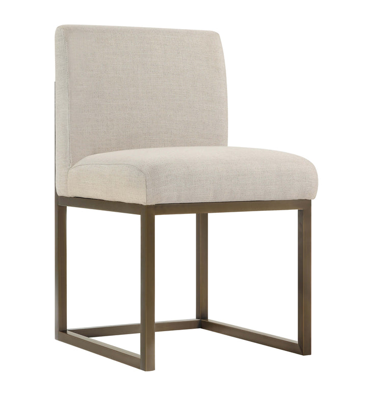 Sleek Beige Linen Chair In Brass